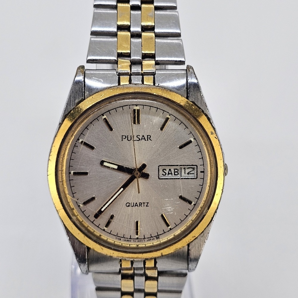 VTG Pulsar Men's Watch 35MM Gray Dial Day Date Two Tone Band 7.5" New Battery